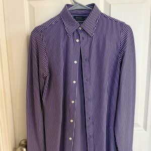 Ralph Lauren Women's Purple and White Striped Button Down Shirt